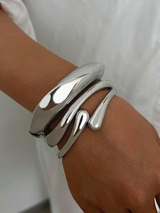 Chunky Gold Bangle Bracelets Silver Bangles Set Statement Cuff - Picture 3 of 4